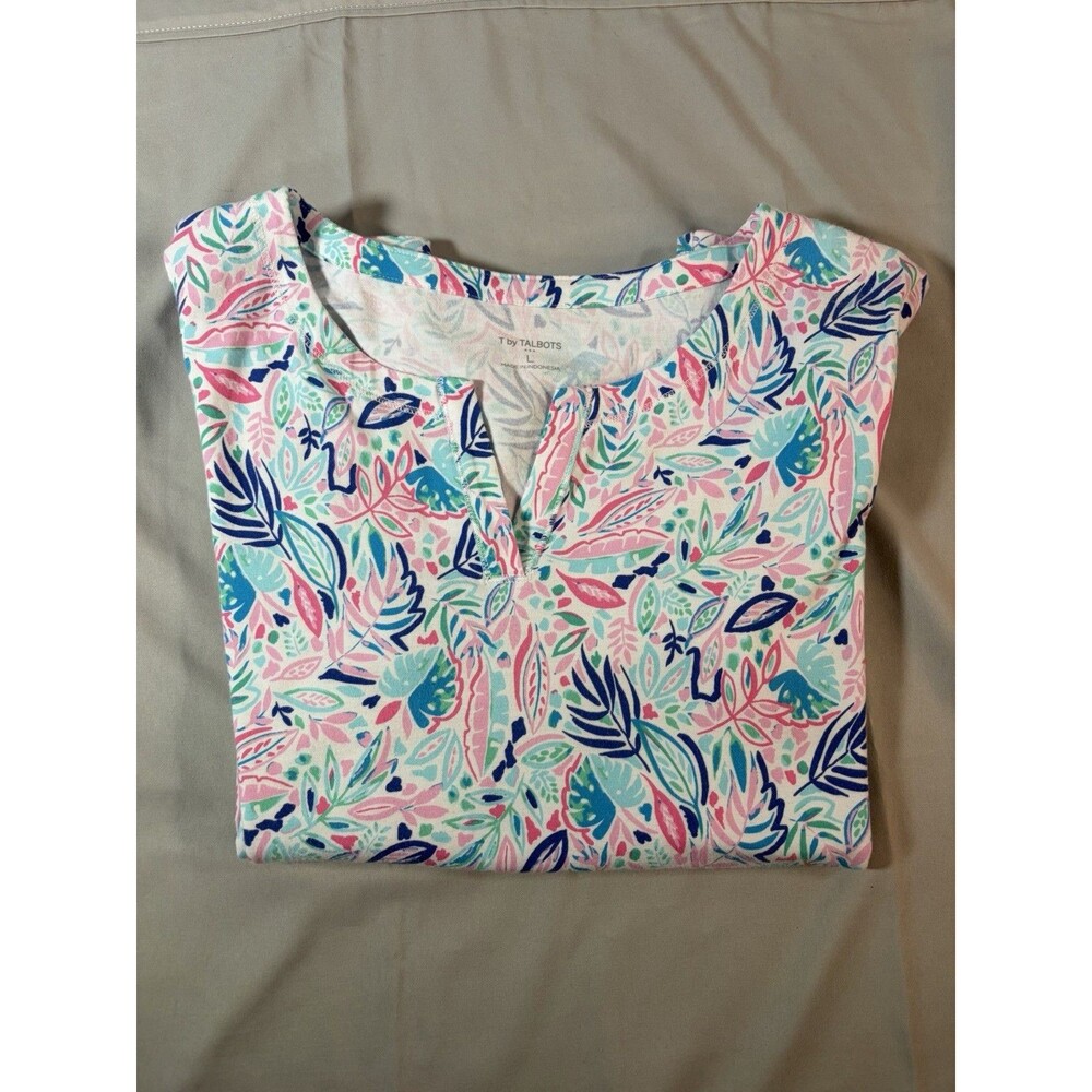 T by Talbots Pastel Short Sleeve Split Neck Tee Blue/Pink Women’s Large - Picture 6 of 7